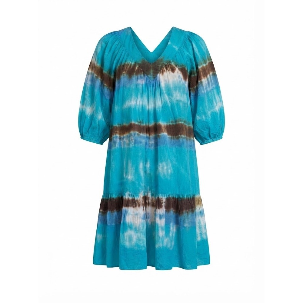 Maxi Dress Womens OS Blue Tie Dye Tiered Puff Sleeve Boho Romantic artisanal